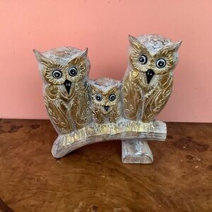 Hand-Carved Hand Painted Albesia Wood Owl Family 10.5” X 9.5” Gold  Tones